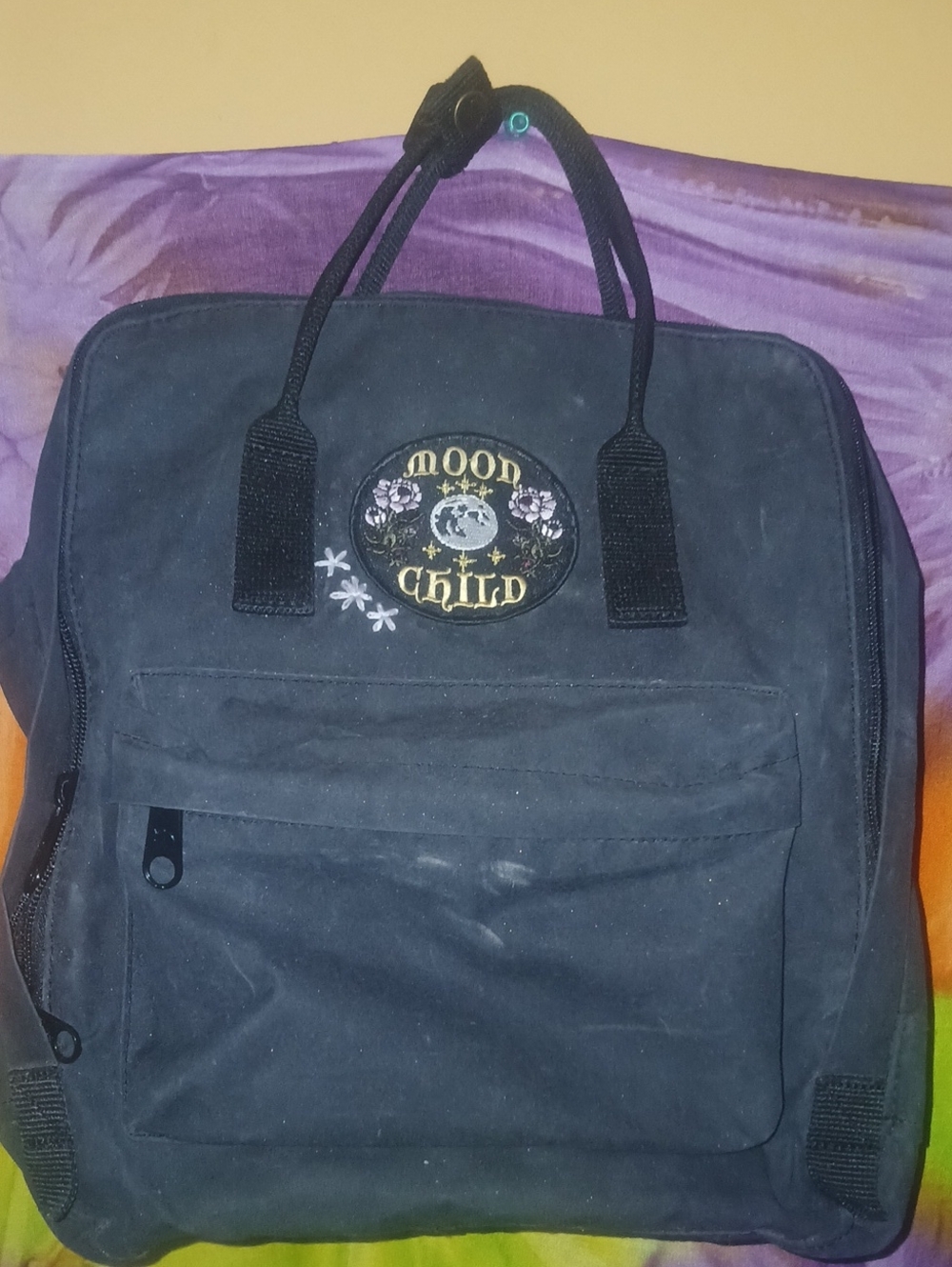 Fjallraven Kanken Black Canvas Backpack with 'Moon Child' Patch & Stains